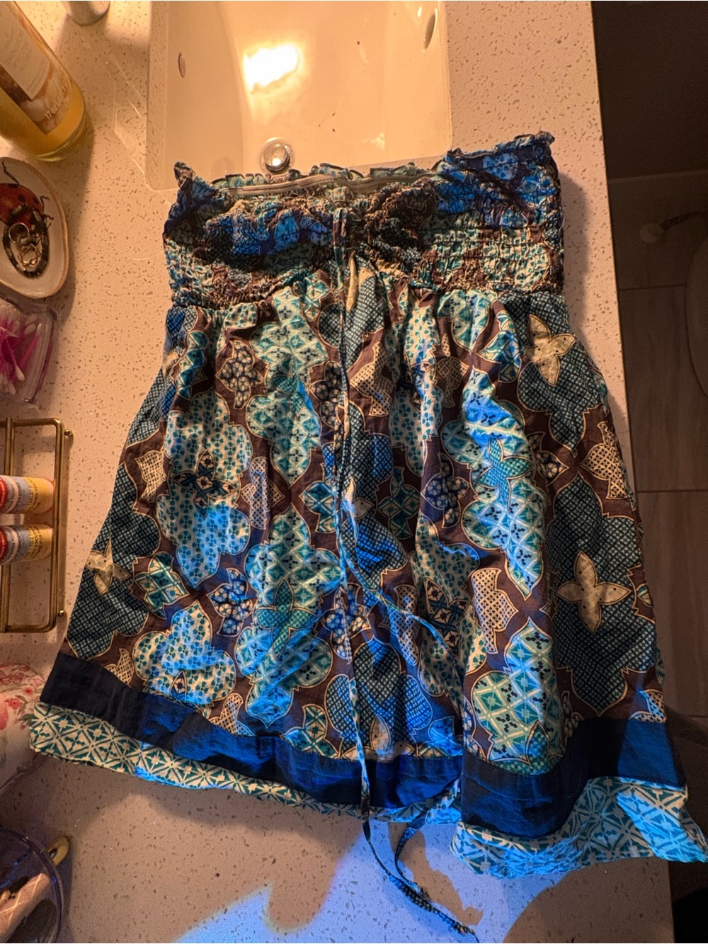 Source Unknown Blue and Brown Printed Smocked Skirt